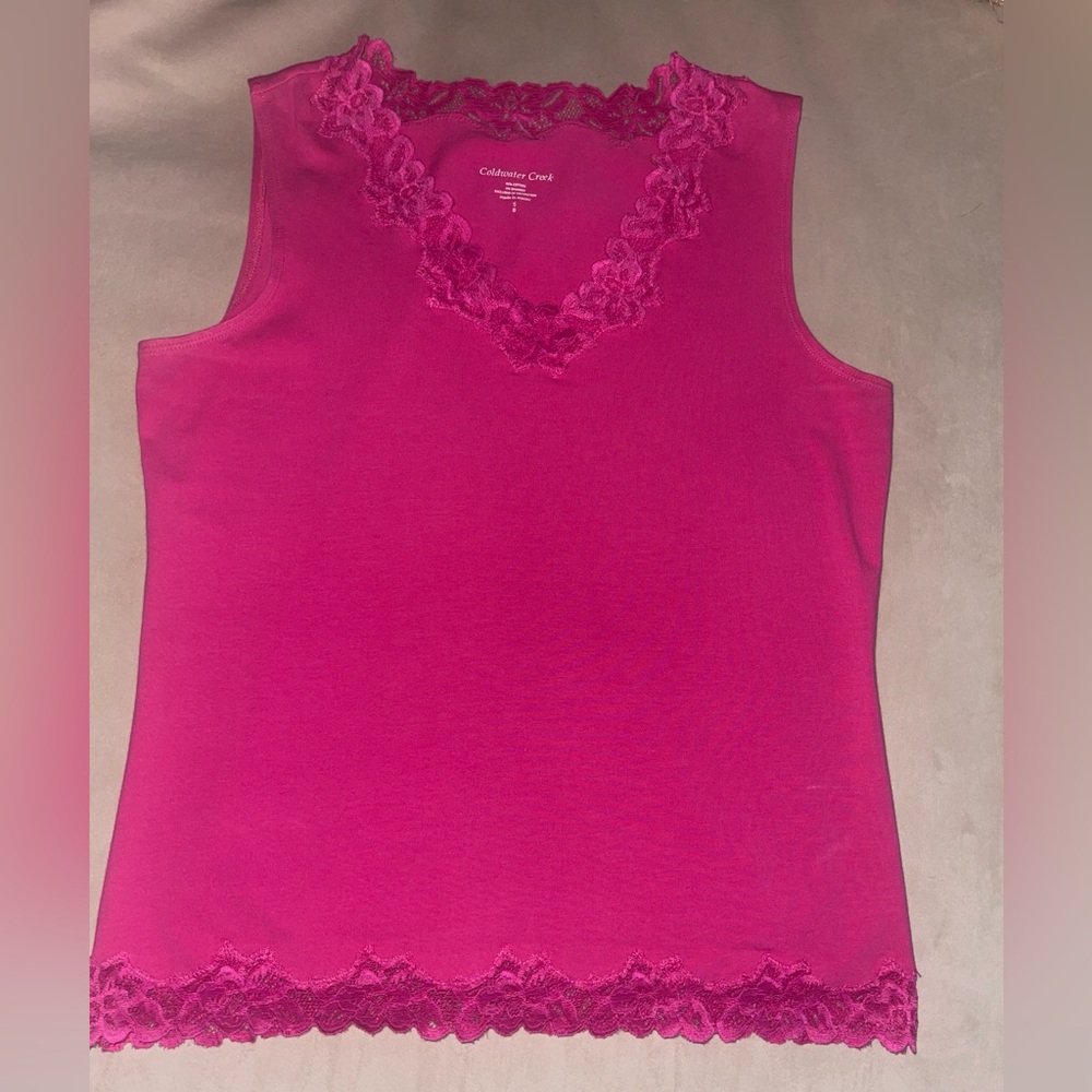 Coldwater Creek Fuchsia Hot Pink Lace Trim Camisole Tank S 5% Spandex 95% Cotton